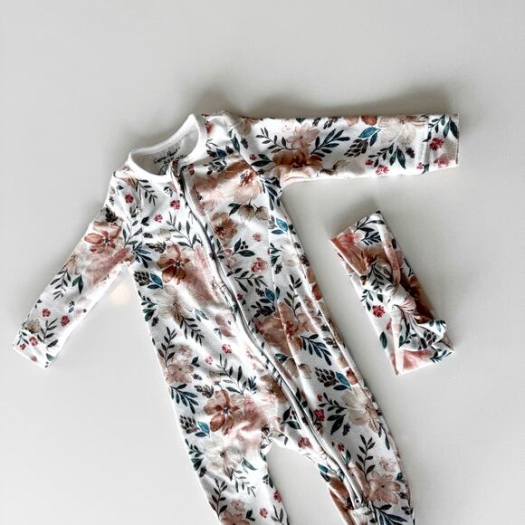 Copper Pearl Autumn Print 2-Way Zip-Up Footie and Headband Bow - Picture 9 of 10